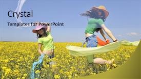  Presentation with rapeseed - Presentation theme having young women on blooming rapeseed field in summer background and a light blue colored foreground