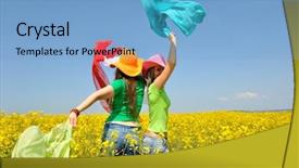  Presentation with rapeseed - PPT theme featuring young women on blooming rapeseed field in summer background and a light blue colored foreground