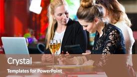  Presentation with team working together - Presentation design having young women or colleagues in cafe or restaurant they working together and having fun they are a good team background and a coral colored foreground