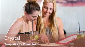  Presentation with restaurant menu - Colorful slide deck enhanced with young women or colleagues after work sitting in a cafe bar or restaurant and choosing the menu backdrop and a coral colored foreground
