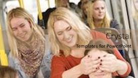  Presentation with bus - Amazing slide deck having young-women-playing-peek backdrop and a coral colored foreground