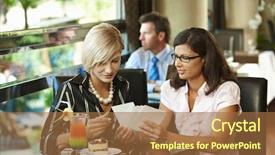  Presentation with women photos - Amazing PPT layouts having young women sitting in cafe having sweets watching photos smiling backdrop and a coral colored foreground