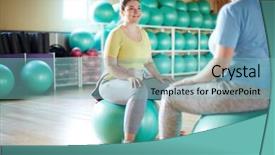  Presentation with women - PPT theme consisting of young women sitting on fitball background and a seafoam green colored foreground