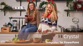  Presentation with kitchen - PPT theme consisting of young-women-standing-in-kitchen background and a coral colored foreground