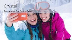  Presentation with ski - PPT theme featuring young women taking selfie at ski mountain resort winter vacation background and a light blue colored foreground