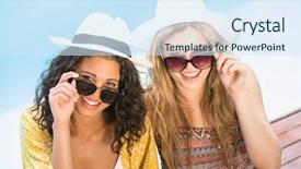  Presentation with women - Slides featuring young women wearing sunglasses having fun near pool on a sunny day background and a sky blue colored foreground