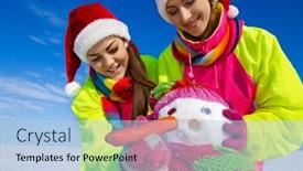  Presentation with snowman - Audience pleasing slides consisting of young women with a snowman outdoor on a warm winter day backdrop and a light blue colored foreground