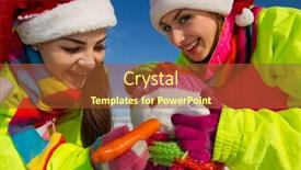  Presentation with snowman - Cool new slide set with young women with a snowman outdoor on a warm winter day backdrop and a tawny brown colored foreground