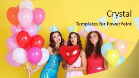  Presentation with tethered hot air balloons - Cool new PPT layouts with young women with air balloons backdrop and a yellow colored foreground