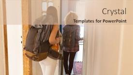  Presentation with youth - PPT theme featuring young-women-with-backpacks-arriving background and a lemonade colored foreground