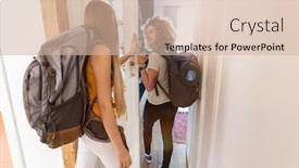  Presentation with backpacks - Amazing PPT theme having young-women-with-backpacks-arriving backdrop and a soft green colored foreground