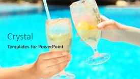  Presentation with lemonade - PPT layouts having young women with glasses of lemonade near swimming pool background and a cyan colored foreground