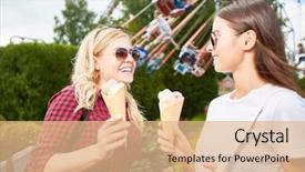  Presentation with pastrie ice cream - Slide set enhanced with young women with ice-cream background and a coral colored foreground