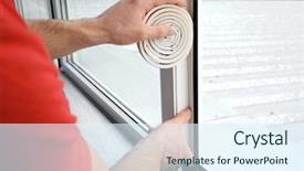  Presentation with hands and word volunteer - PPT layouts with young worker applying rubber strip background and a sky blue colored foreground