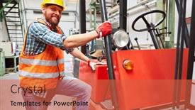  Presentation with forklift - Amazing presentation theme having young-worker-as-a-warehouse backdrop and a red colored foreground