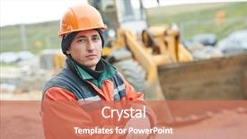  Presentation with construction worker harassment workplace - Beautiful PPT theme featuring young worker builder at construction backdrop and a coral colored foreground