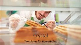  Presentation with worker - Beautiful slides featuring young worker in pastry shop backdrop and a coral colored foreground