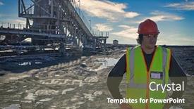  Presentation with conveyor belt - PPT layouts consisting of young-worker-in-protective-clothing background and a violet colored foreground