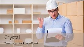  Presentation with worker - Cool new PPT layouts with young-worker-in-the-postal backdrop and a coral colored foreground