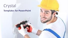  Presentation with repair - Audience pleasing PPT layouts consisting of young-worker-making-repair backdrop and a sky blue colored foreground