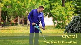 Presentation with grass - PPT layouts enhanced with young worker mowing lawn background and a tawny brown colored foreground