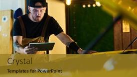  Presentation with technical service - Slides having young-worker-of-maintenance-service background and a gold colored foreground