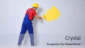  Presentation with young students working in groups - Audience pleasing presentation design consisting of young worker painting wall backdrop and a light blue colored foreground