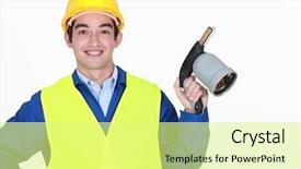  Presentation with young students working in groups - PPT layouts with young worker with blow torch background and a  colored foreground