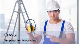  Presentation with noise - Cool new PPT layouts with young worker with noise cancelling backdrop and a light blue colored foreground