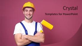  Presentation with painting walls paint roller - Audience pleasing PPT theme consisting of young worker with paint roller backdrop and a violet colored foreground