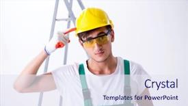  Presentation with worker safety - Presentation consisting of young worker with protective equipment background and a  colored foreground