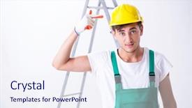  Presentation with worker safety - Theme enhanced with young worker with protective equipment background and a sky blue colored foreground