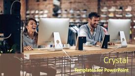  Presentation with good teamwork - Slide set consisting of young-workers-in-a-shop background and a coral colored foreground