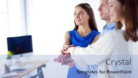  Presentation with office workers - Theme with young-workers-stacking-hands-together background and a light blue colored foreground