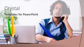  Presentation with writing education female writer - Presentation theme featuring young-writer-working background and a sky blue colored foreground