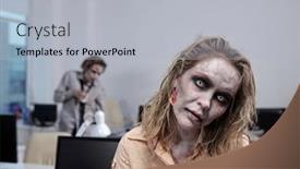  Presentation with zombie - Colorful PPT layouts enhanced with young-zombie-businesswoman-standing backdrop and a light gray colored foreground