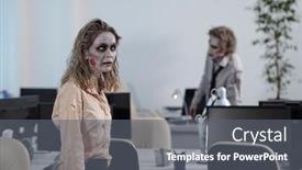  Presentation with walking dead - Colorful slide deck enhanced with young-zombie-businesswoman-walking-between backdrop and a gray colored foreground