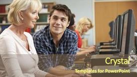  Presentation with computers - Slide deck with younger - students working on computers background and a tawny brown colored foreground