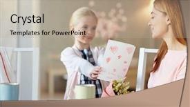  Presentation with greeting card - Presentation featuring youngster giving handmade greeting-card background and a mint green colored foreground