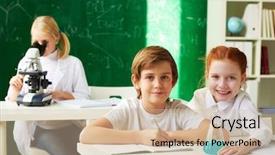  Presentation with chemistry - Slide set enhanced with youngsters tubing - group of clever schoolchildren working background and a soft green colored foreground