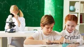  Presentation with chemistry - Colorful theme enhanced with youngsters tubing - group of schoolchildren working backdrop and a soft green colored foreground