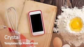  Presentation with cooking utensils - Slide deck featuring your app over cooking book background and a coral colored foreground