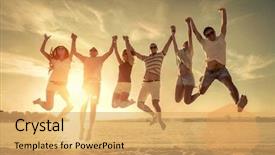  Presentation with sunset beach - Colorful slide set enhanced with youth - friends jumping on the beach backdrop and a yellow colored foreground