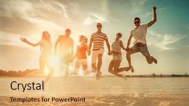  Presentation with sunset beach - Cool new slide deck with youth - friends jumping on the beach backdrop and a yellow colored foreground