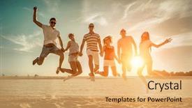  Presentation with sunset beach - PPT theme consisting of youth - friends jumping on the beach background and a yellow colored foreground