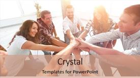  Presentation with youth group - Colorful PPT theme enhanced with youth - group of employees with hands backdrop and a coral colored foreground