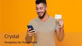  Presentation with man holding phone - PPT layouts having youth achievement - portrait of a cheerful young background and a gold colored foreground