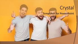  Presentation with virile young men - Audience pleasing presentation design consisting of youth achievement - three young excited men showing backdrop and a yellow colored foreground