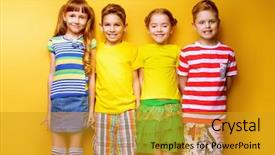  Presentation with children education - Cool new PPT theme with youth activie yellow - happy joyful children having fun backdrop and a gold colored foreground