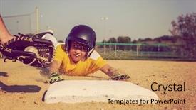  Presentation with youth - Beautiful presentation theme featuring youth baseball playing sliding back backdrop and a coral colored foreground